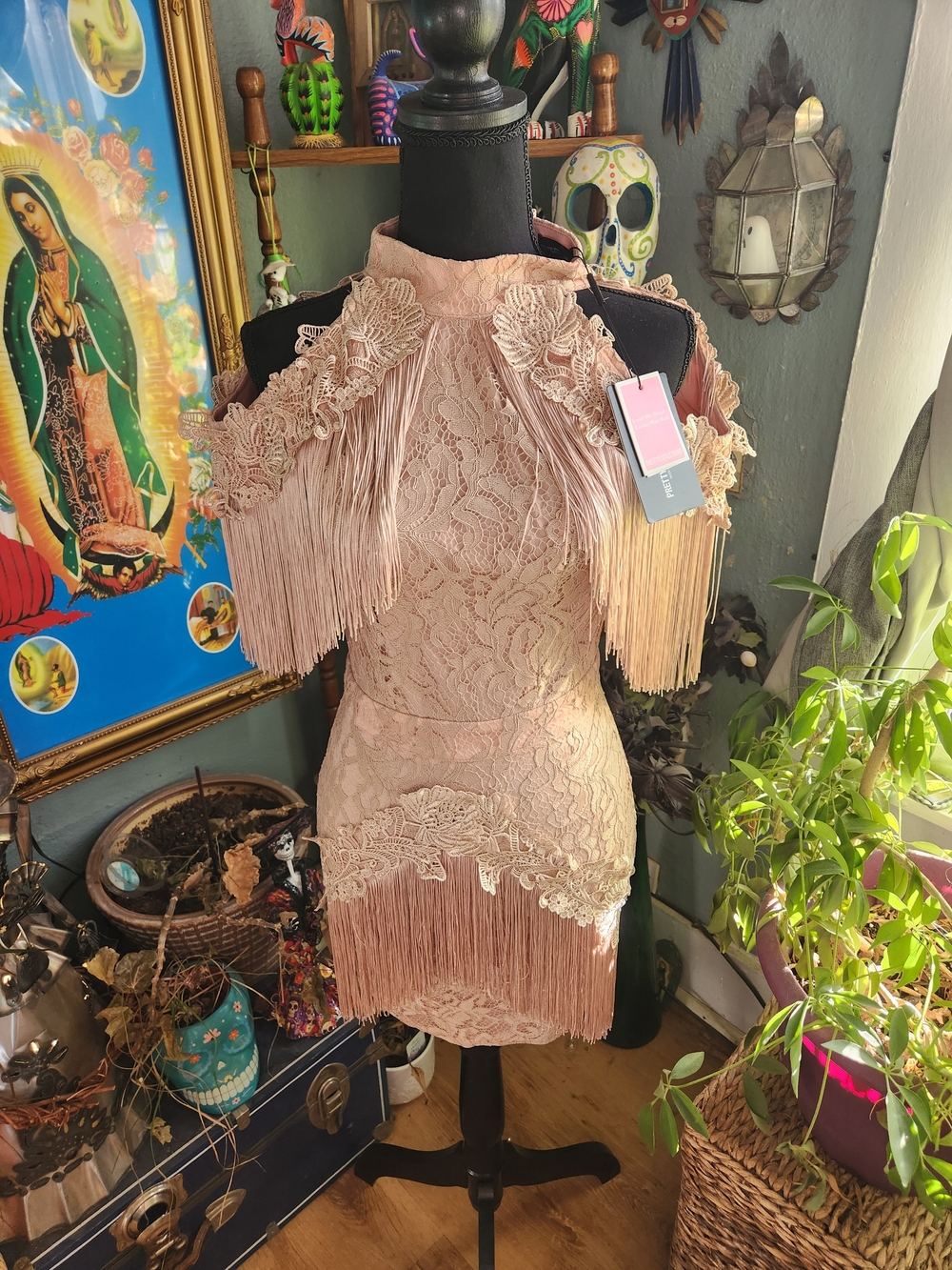 PrettyLittleThing Blush Pink Fringe Lace Cold-Shoulder Mini Dress